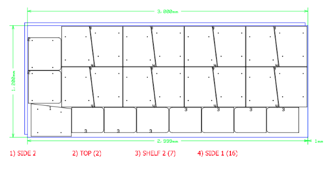 Cutting plan for the bedside table: side, top and shelf panels nested across a 3000 by 1200 mm sheet with drill positions marked
