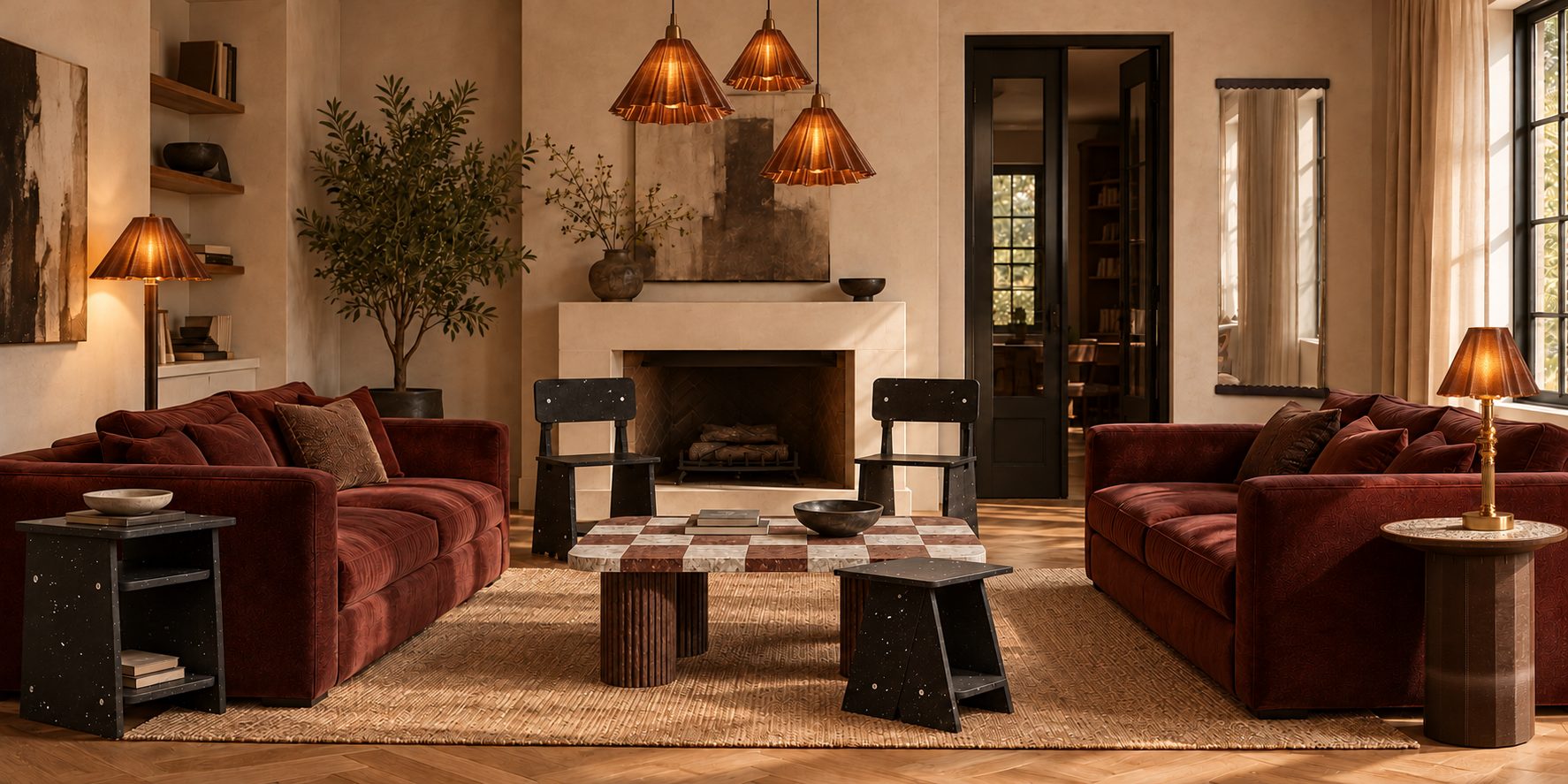 Warm lounge with MadeBy fluted pendant and table lamps glowing over red sofas, recycled-material chairs, stools and a coffee table