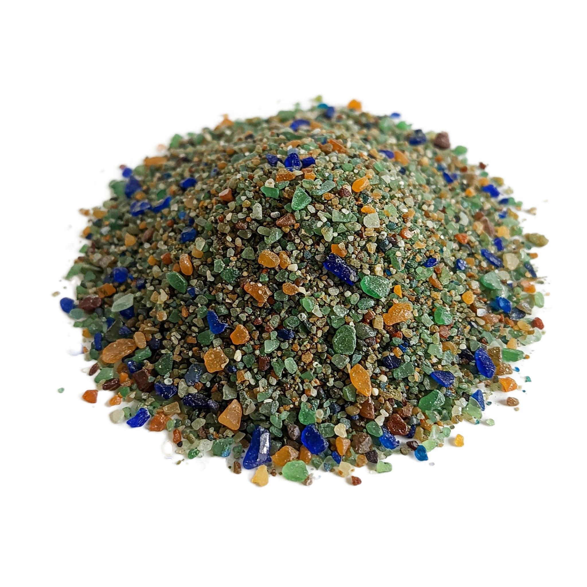 Mixed-colour waste glass crushed into a sand-like aggregate