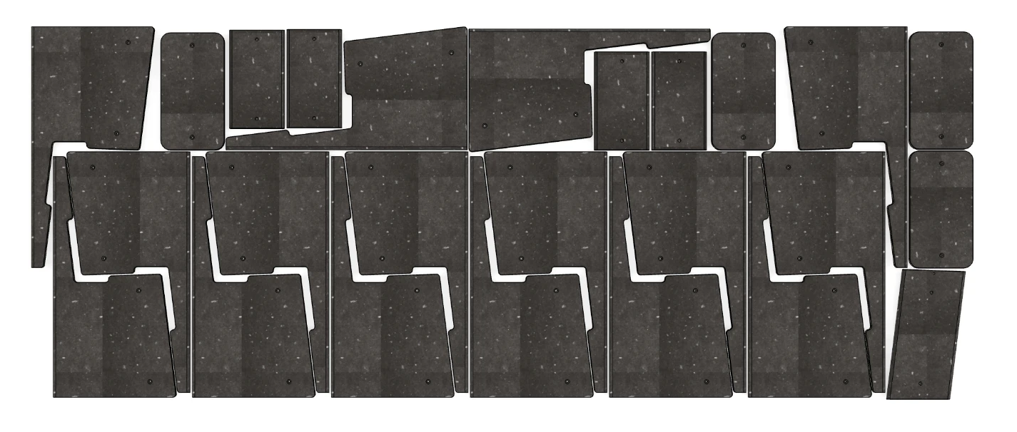 Nesting study on screen: chair parts packed across a sheet of recovered material before cutting