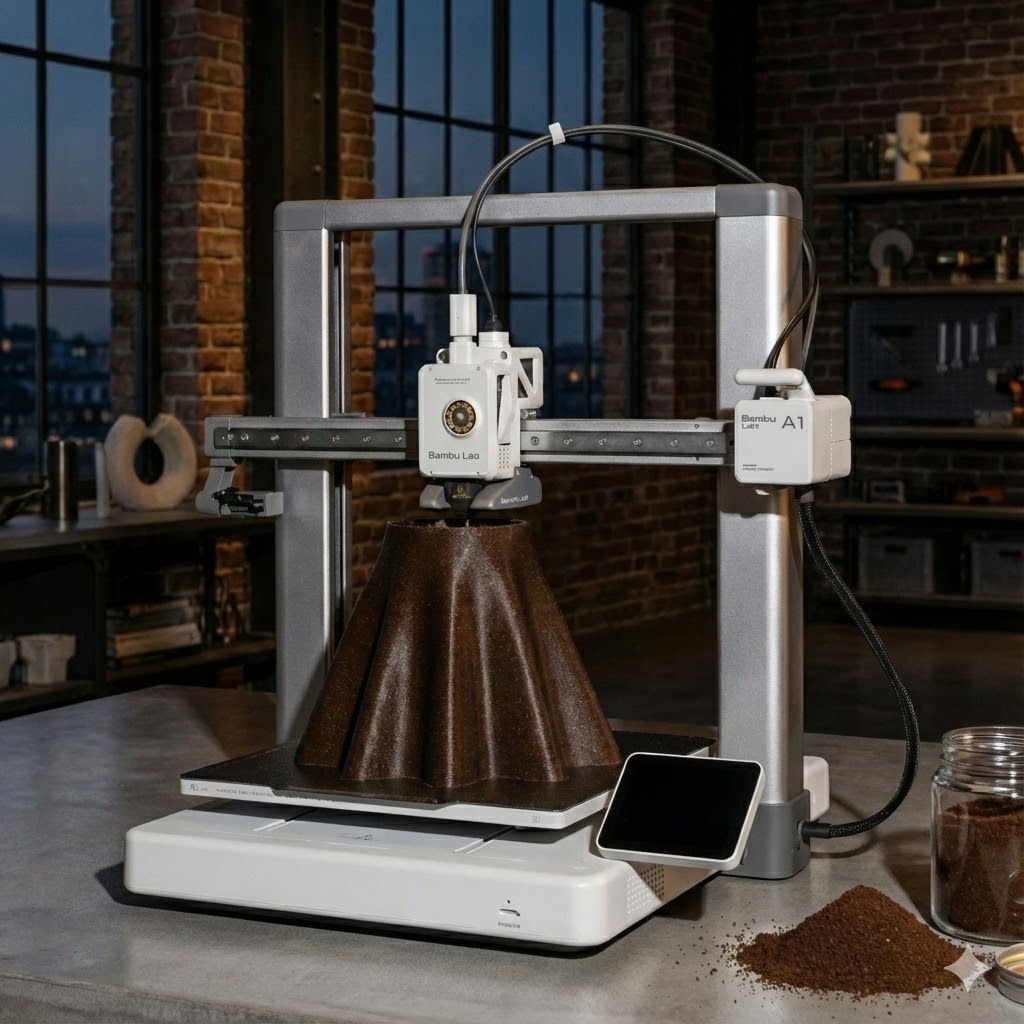 A pleated lamp shade taking shape on a 3D printer beside a jar of spent coffee grounds