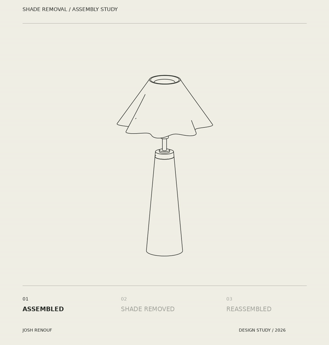 Animated shade removal and assembly study of the table light: shade assembled, lifted off its base, then reassembled