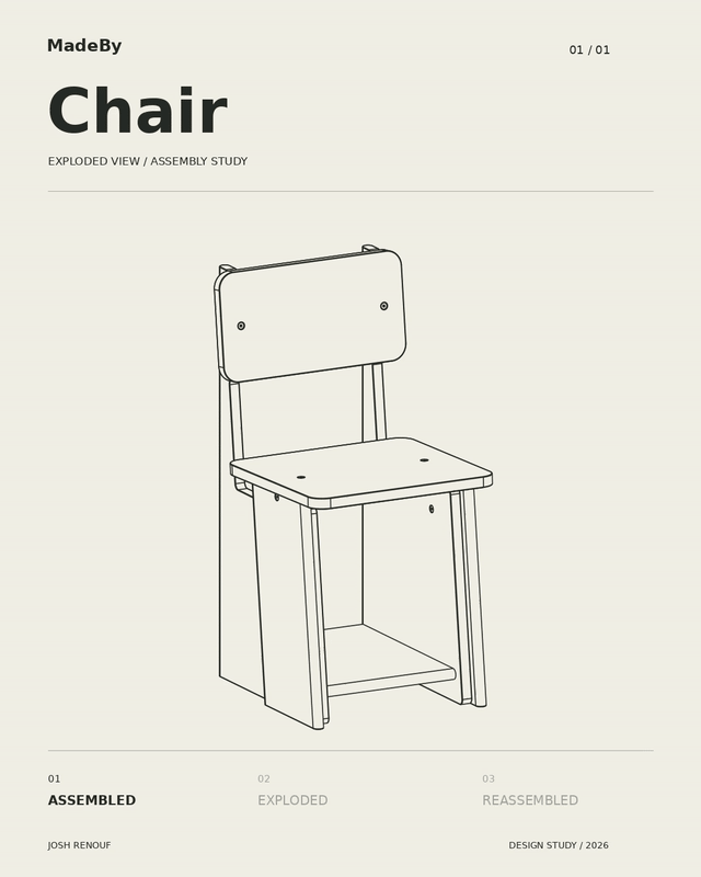 Animated technical drawing of the PW-20 Perch Chair — assembled, exploded and reassembled, 370 by 432 by 762 millimetres