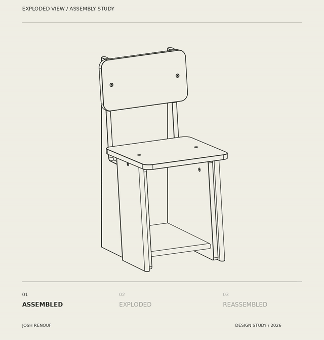 Animated exploded view of the chair separating into its parts and reassembling, study 02