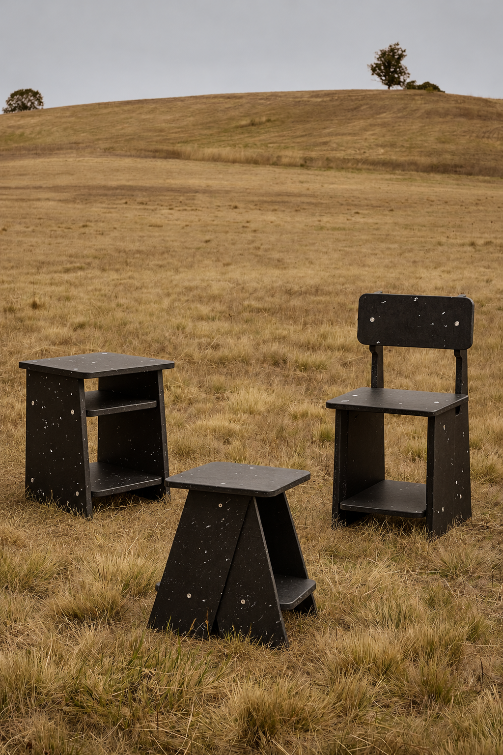 A side table, a low stool and a chair in flecked dark recycled material standing on dry grass in an open field, with two distant trees on the hill behind