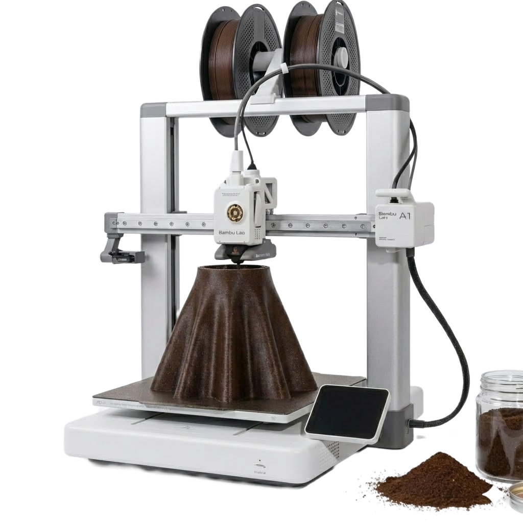 Coffee composite being manufactured into a new part on a printer carrying two spools