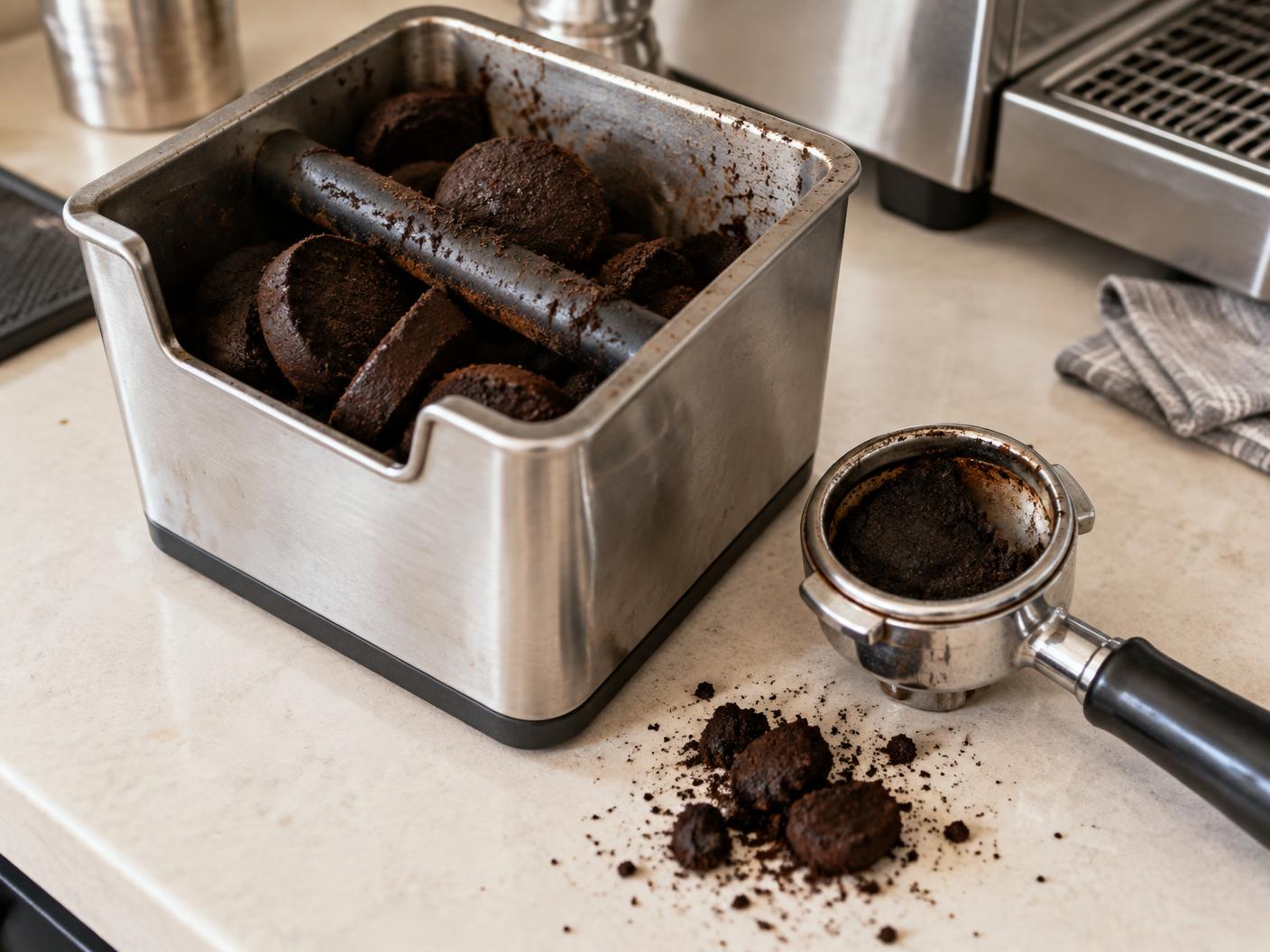 A knock box of used espresso pucks beside a portafilter and a spill of grounds on the counter