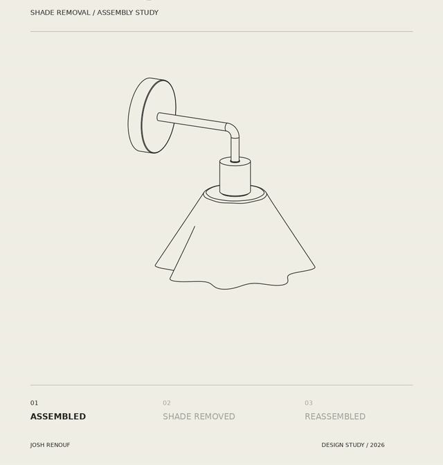 Animated shade removal and assembly study of the wall light: shade assembled, lifted off its arm, then reassembled