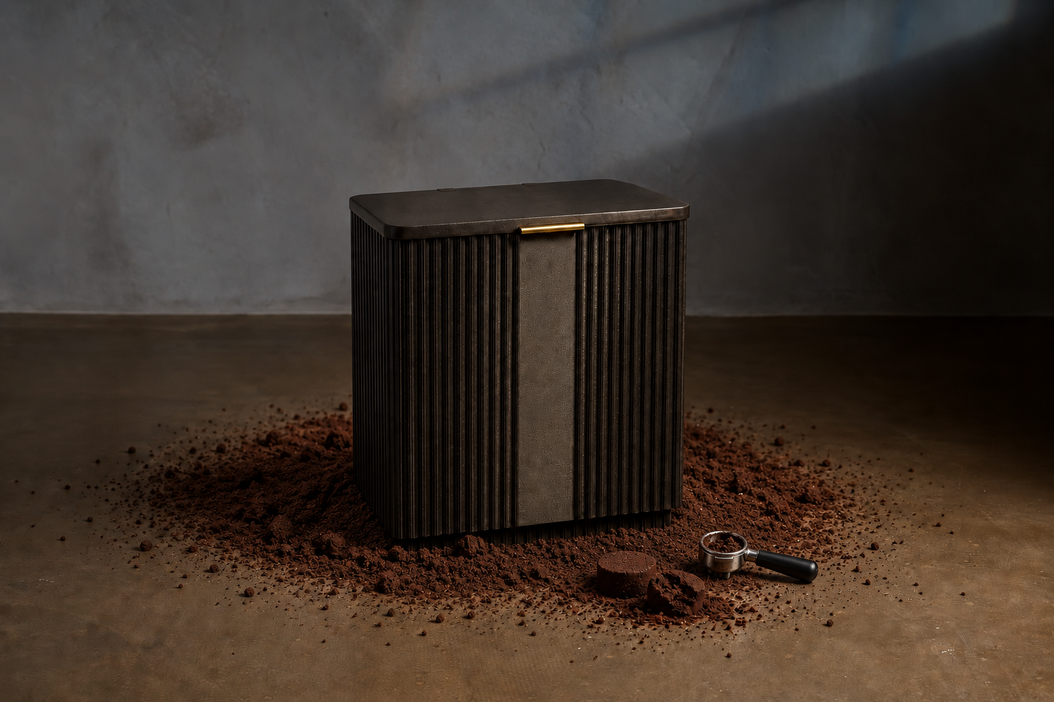 Fluted dark brown MadeBy bin with a slim brass handle standing on a concrete floor among loose coffee grounds, a pressed coffee puck and a portafilter in the foreground