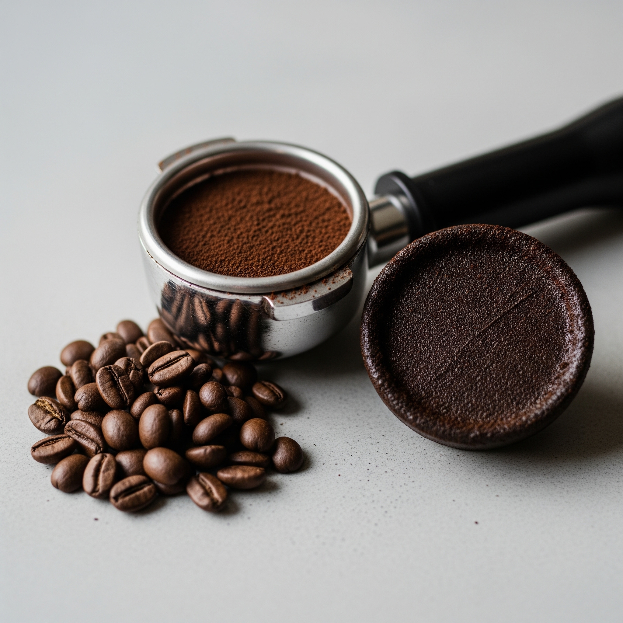 Espresso portafilter packed with tamped grounds beside an ejected coffee puck and whole beans
