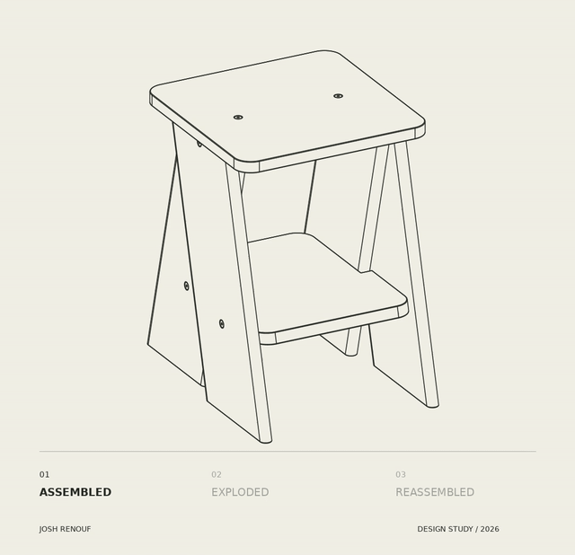 Animated assembly study of the stool: assembled, exploded into its panels and fixings, then reassembled