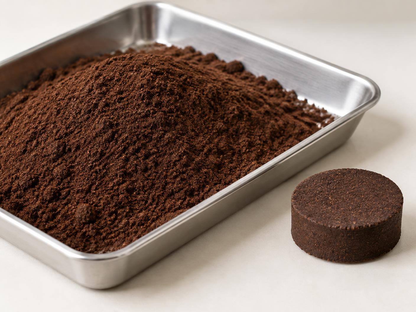 Dried, separated coffee grounds in a steel tray beside a compressed puck