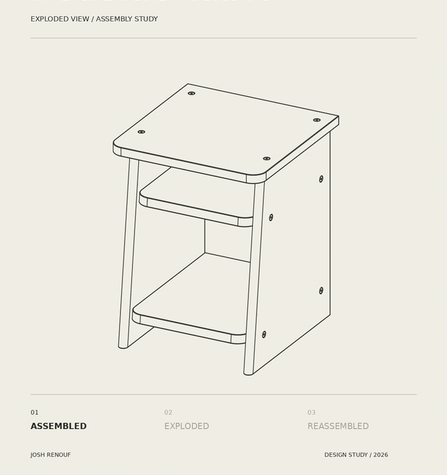 Animated assembly study of the bedside table: assembled, exploded into its panels, shelves and fixings, then reassembled