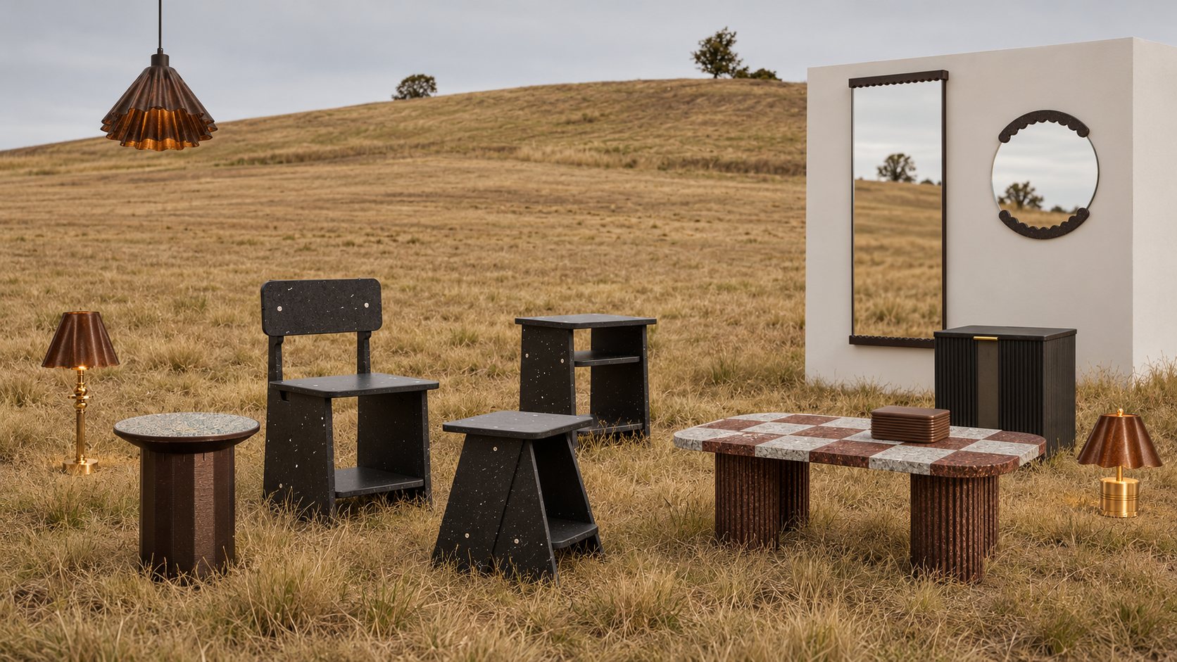 MadeBy recovered-material chair, stool, table and lighting arranged in a studio with piles of the coffee, wood and plastic waste they came from