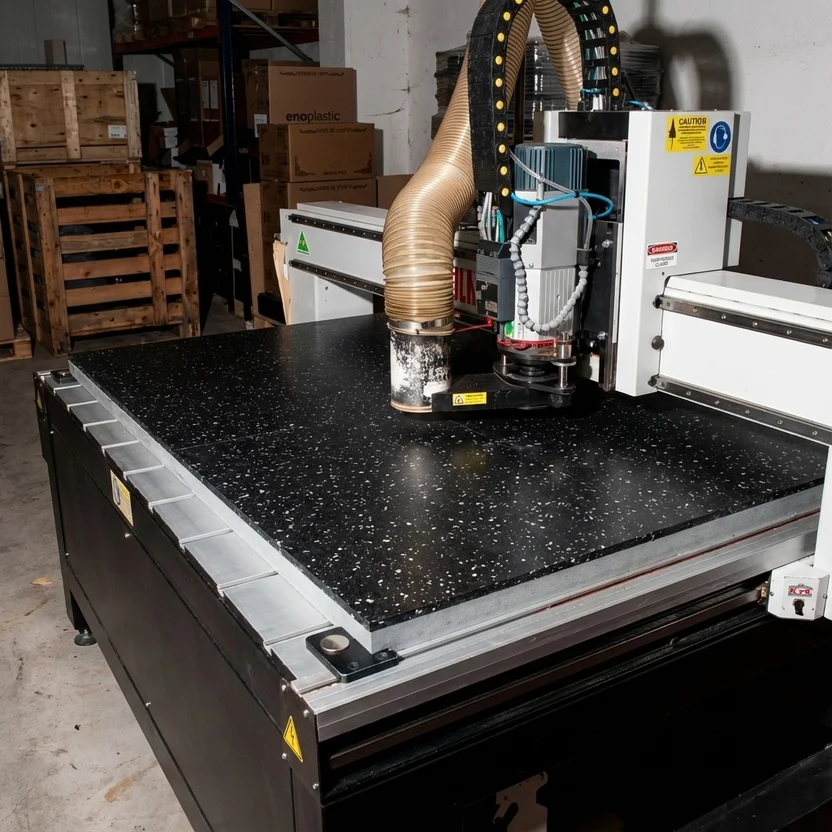 Sheet of recovered material clamped to the CNC bed, ready to be cut